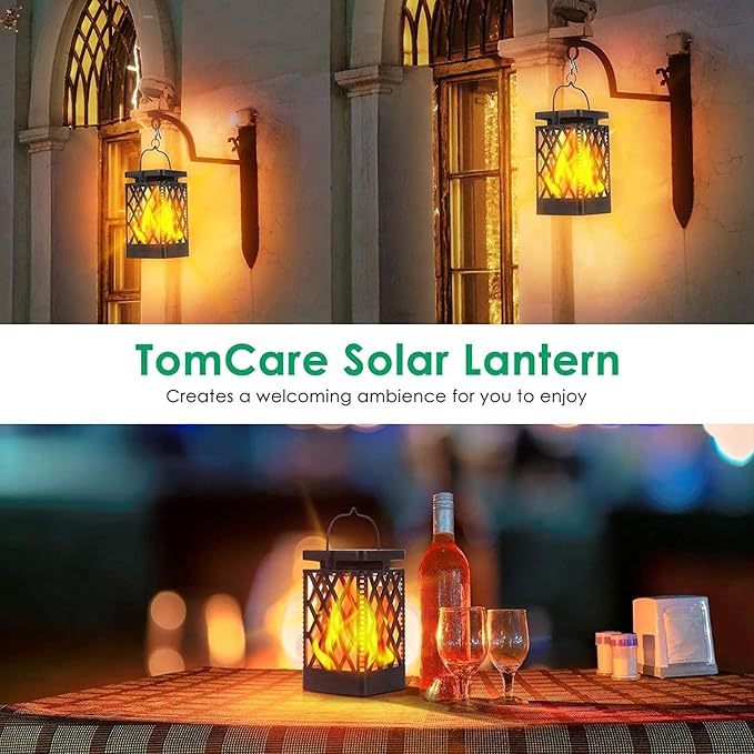 TomCare Solar Lights Outdoor Flickering Flame Solar Lantern Outdoor Waterproof Hanging Lanterns Decorative Lighting LED Flame Lights for Patio Garden, Black 4 Pack