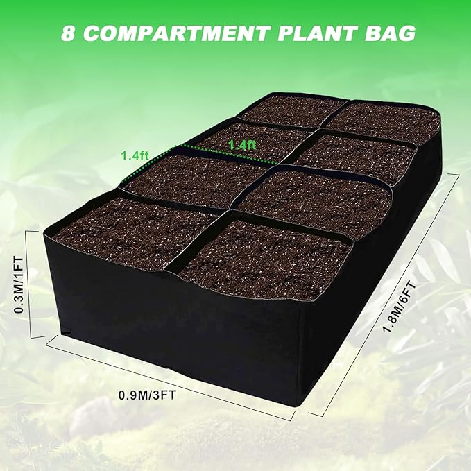 Longzhuo Grow Bags, 1 Pack Rectangular (6x3x1 Ft) 8 Grids - Breathable Reusable Planting Bags, Fabric Garden Bed for Growing Herbs, Flowers, Vegetables, Other Plants