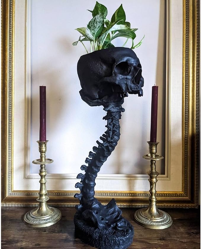 Skull Planter Gothic Skull Vase, Resin Skulls Bowl with Spine Stand Spooky Halloween Skeleton Tall Planters Centerpiece for Gothic Home Decor, Flower Pot, Candy Bowl