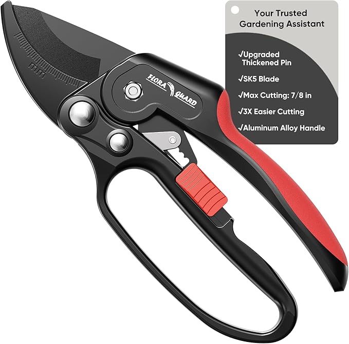 FLORA GUARD Ratchet Pruning Shears, Pruning Shears with Reinforced Structure, 3x Cutting Power, Sharp Gardening Scissors for Branches up to 7/8 in, Ideal for Weak Hands