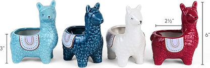 Cute Alpaca Succulent Pots, 4 Pc. Set Animal Planter, Decorative Ceramic Planters for Natural Indoor Gardens and Cacti, Colorful Office and Home Decor for Living Room, Kitchen, or Desk
