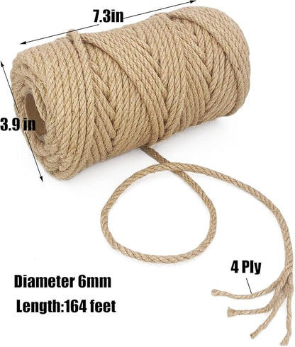 Leecogo 1/4 inch(6mm) Jute Rope, 164 Feet Heavy Duty and Thick Twine Rope for Cat Scratcher Post Tree,Gardening, Crafting, Packing, Bundling and Home Decor
