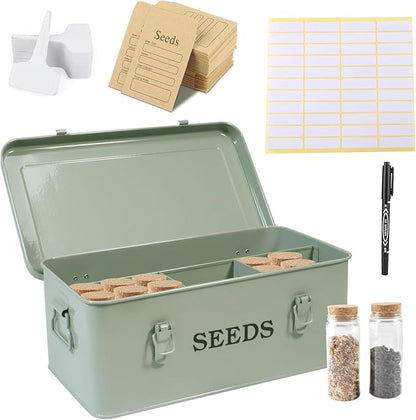 Seed Storage Organizer, 4 Compartment Metal Seed Saving Box with Lid and Safety Locks,Seeds Packet Container with 1 Pen, 12 Slots, 20 Plant Labels, 30 Seeds Envelopes,Perfect for Flower Plants Garden
