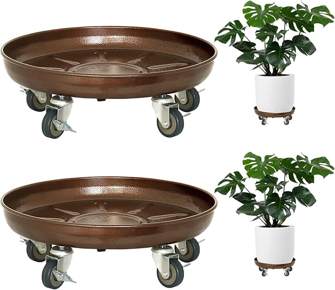 Plant Saucer 14" Rolling Plant Caddy Rolling Plant Stand with Wheels – Heavy Duty Metal, Locking, Sturdy, Rust-Resistant Finish, and Easy to Move, 390 lb Capacity, 2 Pack