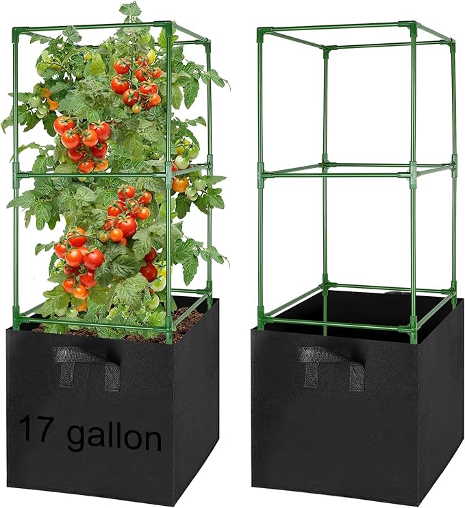 ANPHSIN Tomato Cages with 17 Gallon Grow Bags - 46'' Heavy-Duty Plant Support Cage Kit, Garden Pots with Square Plant Trellis for Flowers Vegetables Cucumber Vertical Climbing Vines, 2 Sets
