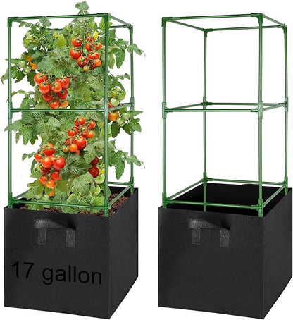 ANPHSIN Tomato Cages with 17 Gallon Grow Bags - 46'' Heavy-Duty Plant Support Cage Kit, Garden Pots with Square Plant Trellis for Flowers Vegetables Cucumber Vertical Climbing Vines, 2 Sets