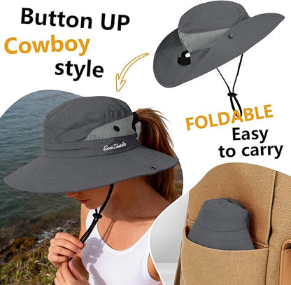 ZOORON Women's Ponytail Safari Sun Hat,Wide Brim UV Protection Outdoor Bucket Hat,Foldable Beach Summer Fishing Hat
