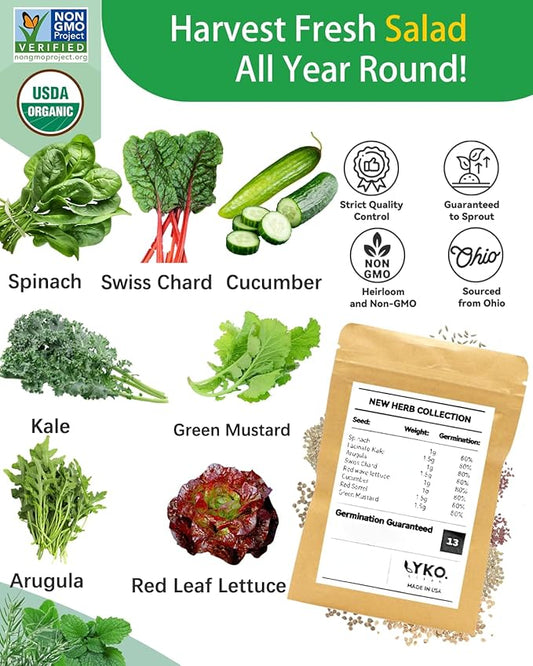 LYKOCLEAN 8-pod Salad Seeds Pod Kit for AeroGarden, iDOO, Ahopegarden Hydroponics Growing System, 350+ Seeds (Include Spinach, Lacinato Kale, Arugula, Swiss Chard, Red Leaf Lettuce, Cucumber)