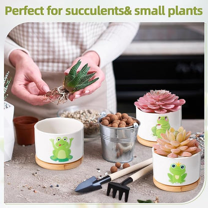 Vesici 3 Pcs Frog Gifts for Women Frog Planter Succulent Pots with Drainage and Bamboo Tray Small Ceramic Succulent Planters Animal Plant Pot for Christmas Office Home Decor Plant Lovers