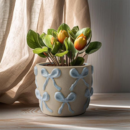 Ceramic Flower Pots for Indoor and Outdoor Plants, Succulent Orchid Round Clay and Terracotta Planter for Garden Home Modern Decoration 5.3 Inch (Blue Bow, Without Saucers)