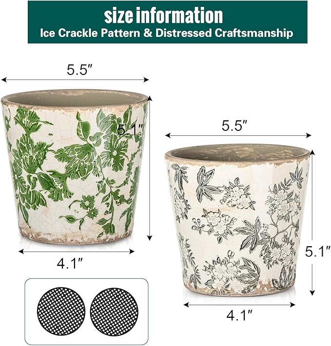 Sungmor Vintage Ceramic Planter Set of 2 - Decorative Indoor & Outdoor Flower Pots with Drainage Holes - Tuscan Décor Pots, 5.5" Ice Crackle Glaze Planters for Home, Kitchen, Patio, and Garden