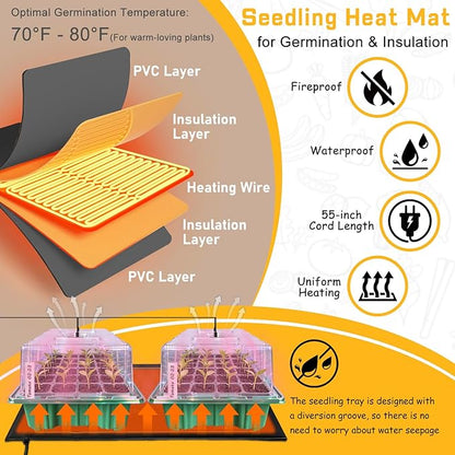 Seed Starter Trays with Grow Lights and Heat Mat, 2 Pack Seed Starter Kit with Humidity Dome and Timing Controller, Adjustable Vent and Brightness, Ideal Germination Tray for Seed Starting and Growing