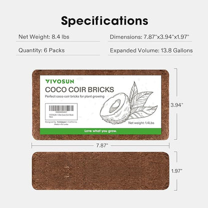 VIVOSUN Coco Coir Brick, 1.4lbs 100% Natural Organic Compressed Coconut Coir Fiber with Low EC, PH Balance & High Nutrition, Coconut Fiber Substrate, Coconut Soil for Plants, 6-Pack