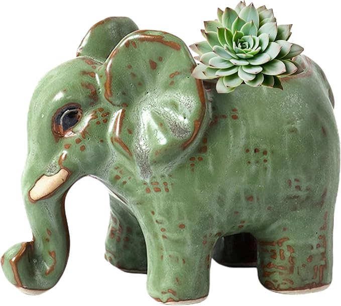 Cute Animal Elephant Shaped Ceramic Succulent Cactus Air Plant Flower Pots Planters-Plant Not Included (Small Green)
