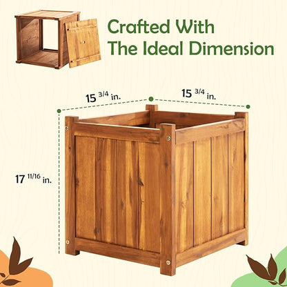 Idzo Set of 2 Hardwood Outdoor Flower Box, Durable Acacia Wood Flower Boxes for Outdoor Plants with Ergonomic Handles, Drainage Holes, Multiple Sizes Wood Bucket Planter for Home Décor