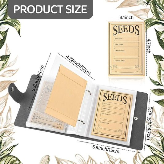 Seed Storage Organizer Binder, Leather Seed Packet Organizer with 50 Pack Seed Envelopes, Garden Seed Storage Holder Book, Plant Seed Saver, Flower Seed Keeper, Black, 3.1 x 4.7 Inch Seed Envelopes