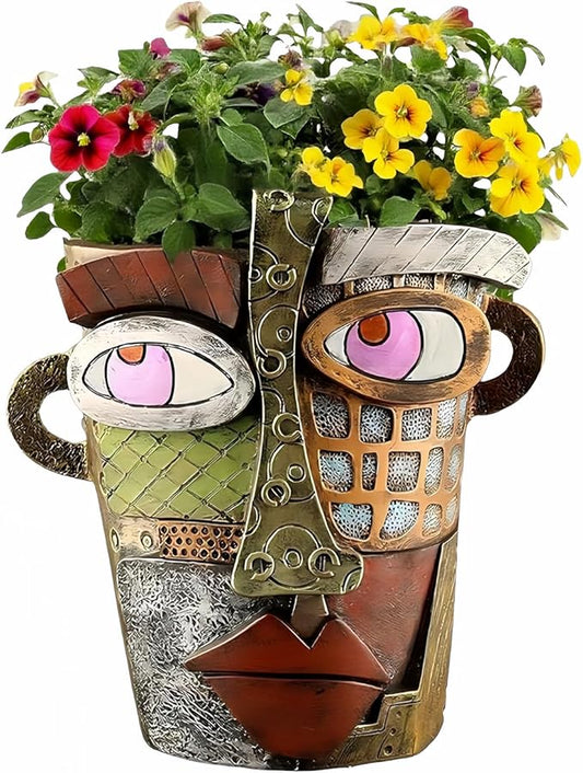 Picasso Abstract Face Flower Pot,Unique Resin Crafted Planter with Drainage Holes,Interesting Colorful Planter with Human face,for Indoor and Outdoor Botanical Home décor (Retro)