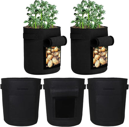 5-Pack 10 Gallon Grow Bags with Harvest Window Thickened 300g Nonwoven Fabric Heavy Duty Plant Pots for Vegetables Potato Tomatoes Carrots Gardening Containers with Reinforced Handles Black
