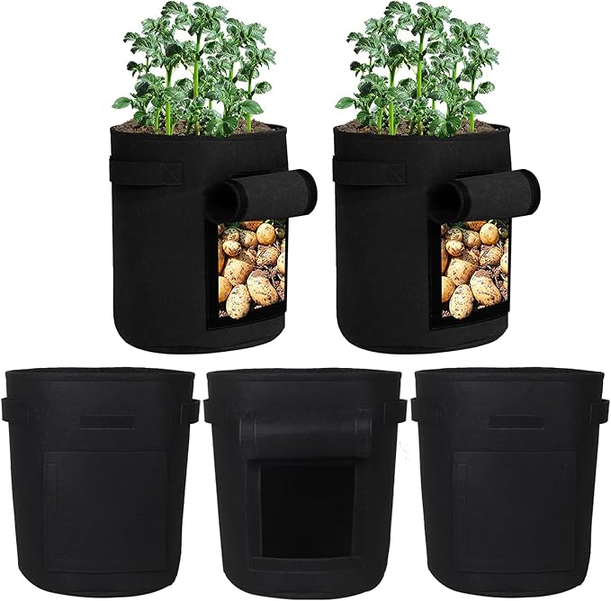 5-Pack 7 Gallon Grow Bags with Harvest Window 300g Thickened Nonwoven Fabric Heavy Duty Plant Pots Easy for Vegetables, Potato, Tomatoes Carrots Gardening Containers with Handles Black