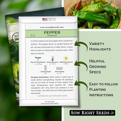 Sow Right Seeds - Anaheim Pepper Seeds for Planting - Non-GMO Heirloom Packet with Instructions to Plant an Outdoor Home Vegetable Garden - Productive and Hot Chili Peppers - Hydroponics Growing (1)