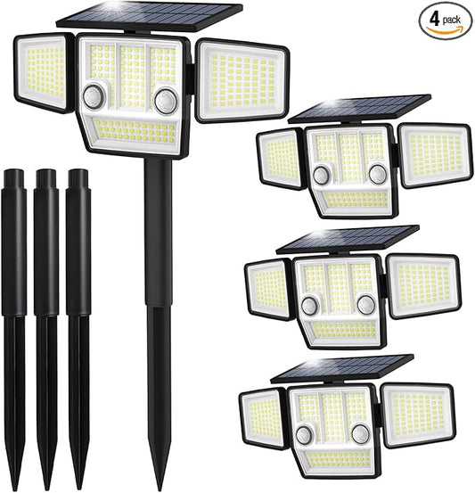 Solar Lights Outdoor, In-Ground or Wall Mount, 180° PIR Motion Sensor, 236 LED 2500 Lumens 360° Illumination Solar Security Flood Light, Dusk to Dawn, 3 Modes, IP65 Waterproof, 4 Pack
