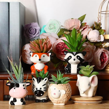 Patelai 6 Pieces Cute Animal Succulent Planter Pot with Drainage Hole, Cartoon Cow Elephant Ceramic Flower Plant Pot Tiny Flower Planter Cactus Container Indoor Outdoor Office Home Decor