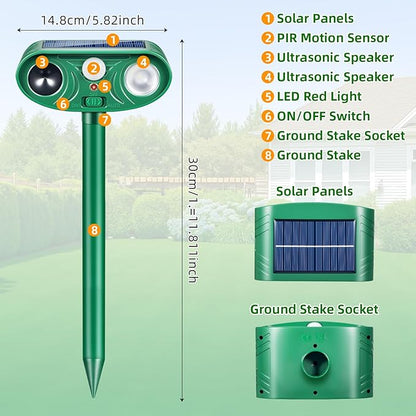 2026 Solar Animal Repellent Outdoor&Cat Repellent Outdoor Rabbit Squirrel Deer Repellent Devices Coyote Raccoon Fox Deterrents with Motion Sensor & LED Waterproof Cat Deterrent for Garden Yard 4 Pack
