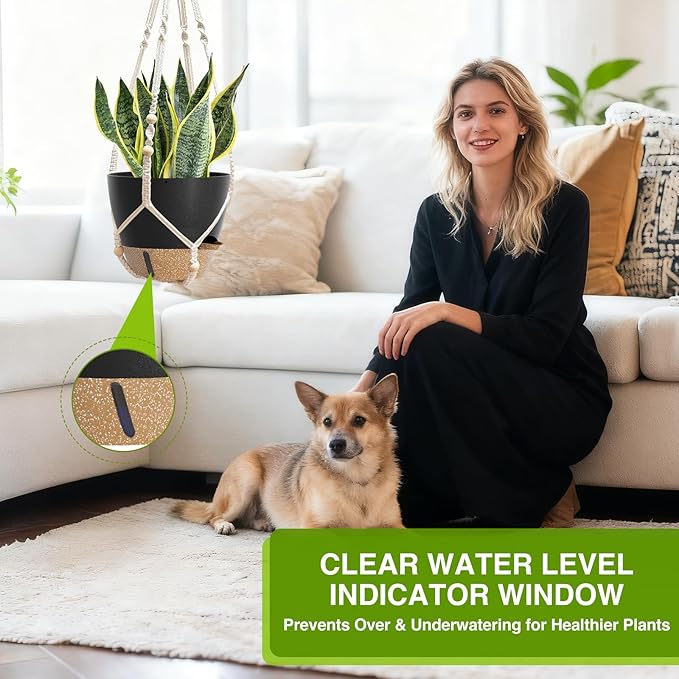 Set of 2 Hanging Planters for Indoor Plants with Self Watering Includes Hanging Pots and 2 Types Plant Hangers, Outdoor Hanging Baskets Holder for Home Garden, 10 Inch Midnight Black