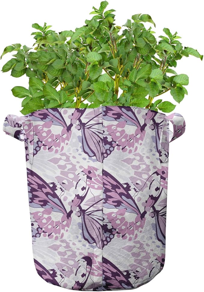 Ambesonne Butterfly Grow Bags 5-Pack, Abstract Exotic Wings, Heavyduty Fabric Pots with Handles for Plants, Pink