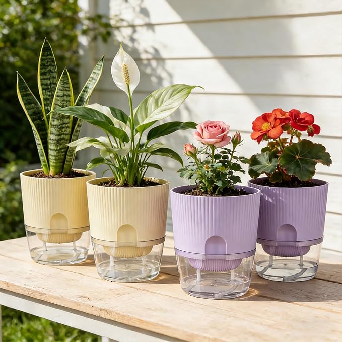 Plant Pots, 4 Pack 5.7 Inch Self Watering Pots for Indoor Plants, Flower Pots with Deep Reservoir and Drainage Holes - Yellow & Purple