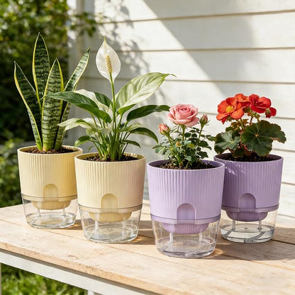 Plant Pots, 4 Pack 5.7 Inch Self Watering Pots for Indoor Plants, Flower Pots with Deep Reservoir and Drainage Holes - Yellow & Purple