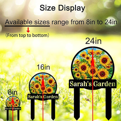 Personalized Sunflower Garden Sign with Stake, Custom Sunflower Garden Stake Plaque Metal Yard Sign, Customized Colorful Sunflower Patio Lawn Outdoor Decor Name Sign for Mom Grandma