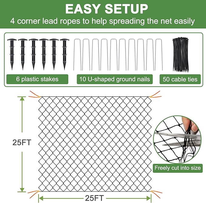 DQS Bird Netting for Garden Protection - 25x25ft Poultry Netting for Chicken Coop, 1” Mesh Heavy Duty Garden Net, Fruit Tree Netting for Blueberry Bushes, Vegetable Against Squirrels, Deer