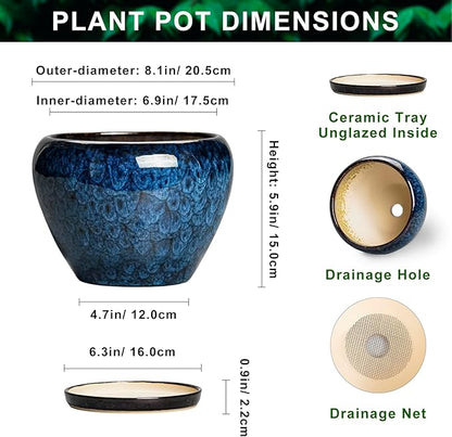 8 Inch Plant Pot - Ceramic Planter for Indoor Plants Outdoor, Round Planter with Drainage Hole and Saucer, Modern Decorative Flower Pots, Home Office Room Decor, Plant Lovers Gifts, Blue