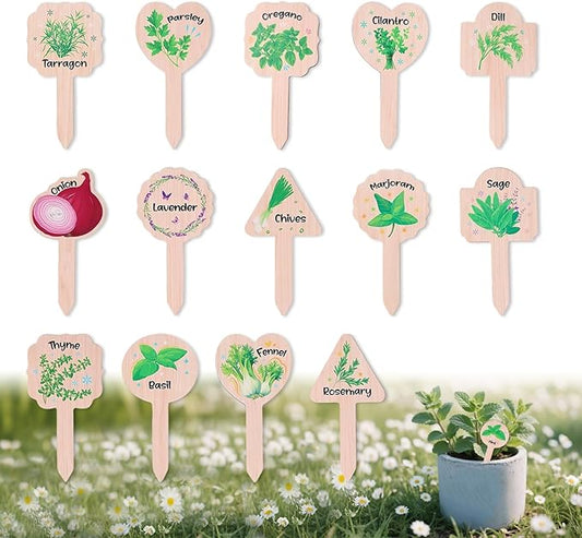 15pcs Plant Label Signs, 15 Style Waterproof Wood Herb Names Tags with Vivid Matching Patterns for Outdoor Garden Potted Plant Planting Enthusiasts Gifts