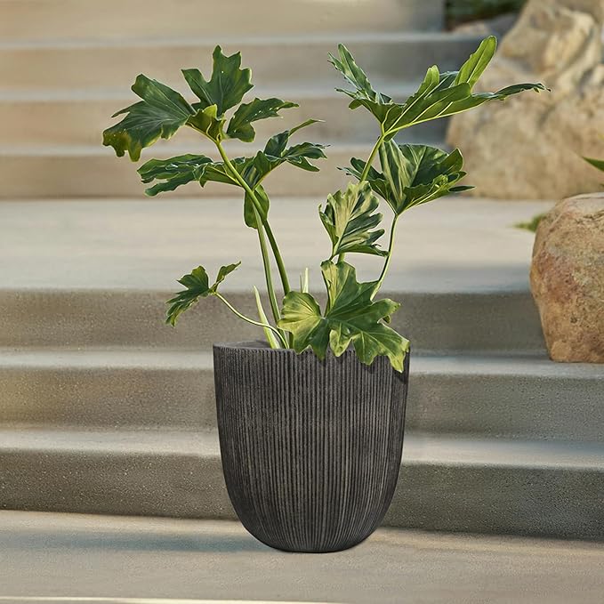 Vintage Black Cement-Look Ribbed Planter, 12.4"H Tall Tapered Egg-Shaped Plastic Plant Pot with Drainage Hole & Plug, Large Modern Indoor Outdoor Flower Pot for Home, Garden, Patio and Houseplants