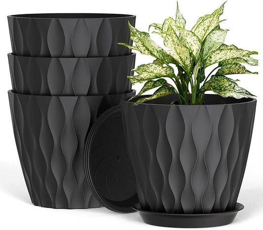8 Inch Plant Pots, 4 Pack Plastic Planters for Indoor Outdoor with Drainage Holes & Saucers, Waffle Texture Flower Pots for Indoor Plants, Indoor Plant Pots for Monstera, Fiddle Leaf Fig, Black
