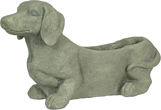 Zeckos Charming Rustic Distressed Grey Stone Finish Dachshund Dog Indoor or Outdoor Decor Planter Doxie Plant Pot - Whimsical Garden Accent for Dog Lovers - 20 Inches Long