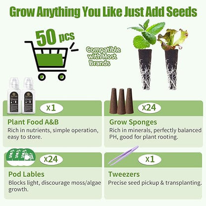 51 Pcs Grow Sponges and Nutrients for Hydroponics Plant Food Compatible with Aero Garden and All Brands - Seed Pods Lables and Indoor Plant Fertilizer for Indoor Garden Hydroponics Growing System