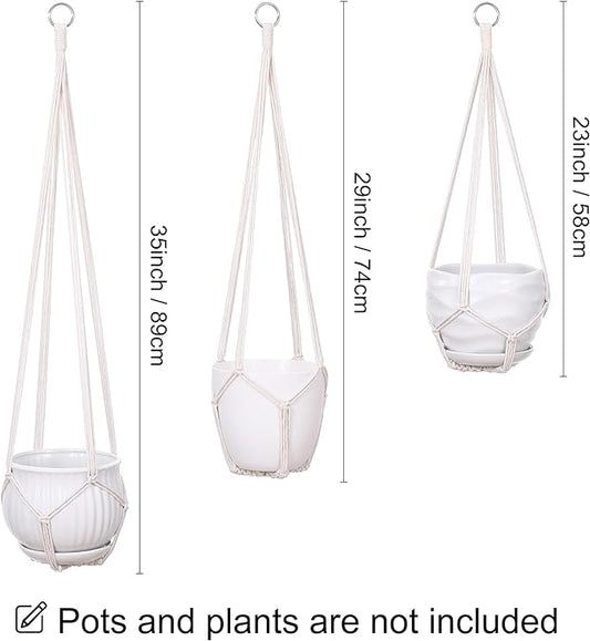 YIBOT 3 Pack Macrame Plant Hanger Indoor Hanging Planter for Plants Holder with 3 Hooks, 35"/29"/23" Size No Tassels for Boho Home Decor, Ivory (POTS NOT Included)