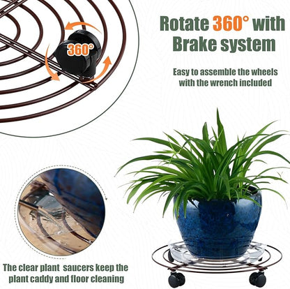 6 Packs Large Metal Plant Caddy with Wheels 13" Rolling Plant Stands Heavy-duty Wrought Iron Plant Roller Base Pot Movers Plant Saucer on Wheels Bronze