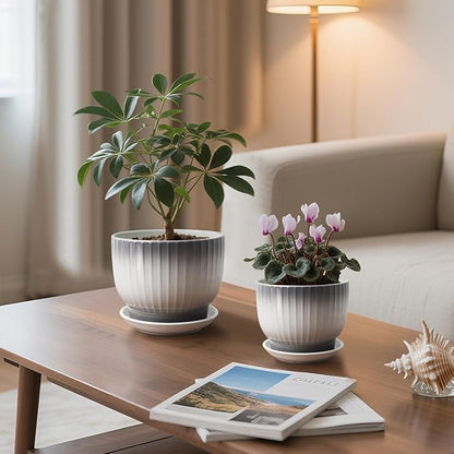 6.7 + 5.5 Inch Ceramic Plant Pots,Planters with Drainage and Saucer,Indoor Pots for Plants,Modern Flower Pots for Home and Office（Gray + White）
