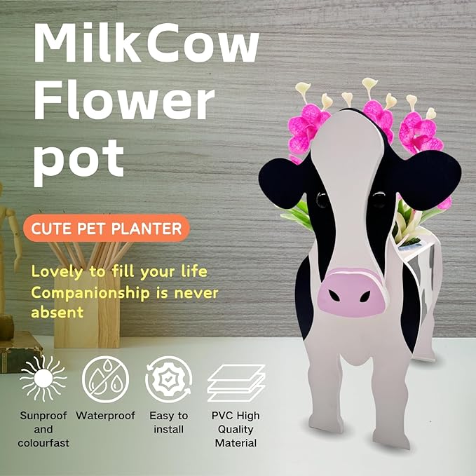 Milk Cow Planter Plant Pots,Animal Flower Pot for Indoor/Outdoor,Small Cute PVC Animal Face Shape Plant Container Best for Home Office Garden Decoration Mom Gift Ideas