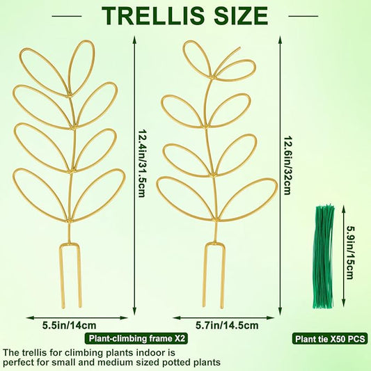 AUGSUN 2 Pcs Gold Trellis Leaf Shape 12 Inch Metal Plant Support with 50 Ties for Climbing Potted Plants Houseplant Garden Indoor Outdoor