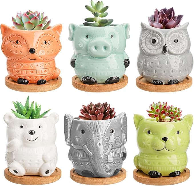 Frcctre 6 Pack Small Ceramic Succulent Planter With Drainage and Bamboo Tray, Cute Animal Flower Pots for Indoor Plants, Cactus, Garden, Home Decor