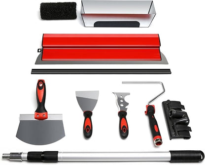 Drywall Skimming Blade Set, Include 24" Skimming Blade, 12" Mud Pan, 7" Drywall Compound Rollers, a Extension Handle and Three Drywall Tools for Drywall/Plaster/Wallboard