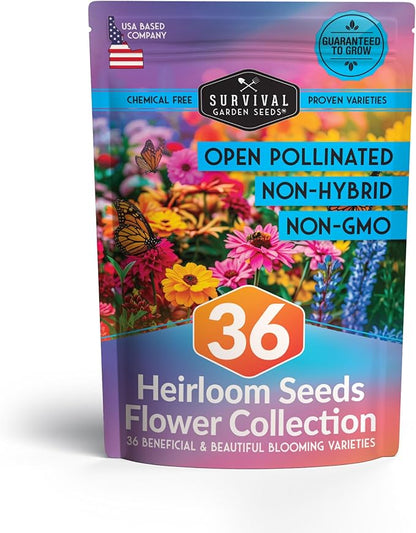 Flower Seeds Garden Kit - 36 Packs of Annual & Perennial Flowers for Planting – with Wildflowers for Pollinators, Bees, Butterflies | Heirloom Non-GMO Seed Starter Pack – Survival Garden Seeds
