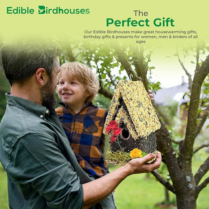 Edible Birdhouse - Birdseed Bird Feeder, Wooden Birds House Covered in Wild Bird Food, Squirrel Resistant Birds Feeders for Outside Hanging, Watching Gift for Garden Lovers, (TL)