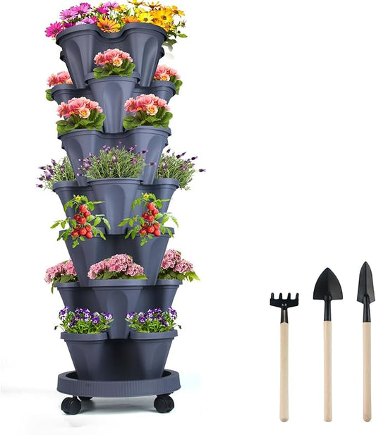 GameXcel Vertical Planter 7 Tier Stackable Planters Garden Planters Strawberry Herb Flower and Vegetable Planter Indoor Outdoor Gardening Pots with Removable Wheels and Tools