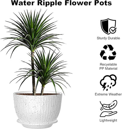 12 inch Large Plant Pots, Flower Pots with Multi-Mesh Drainage Holes and Saucer, Plastic Planters for Indoor and Outdoor Garden Plants (Speckled White, 12")